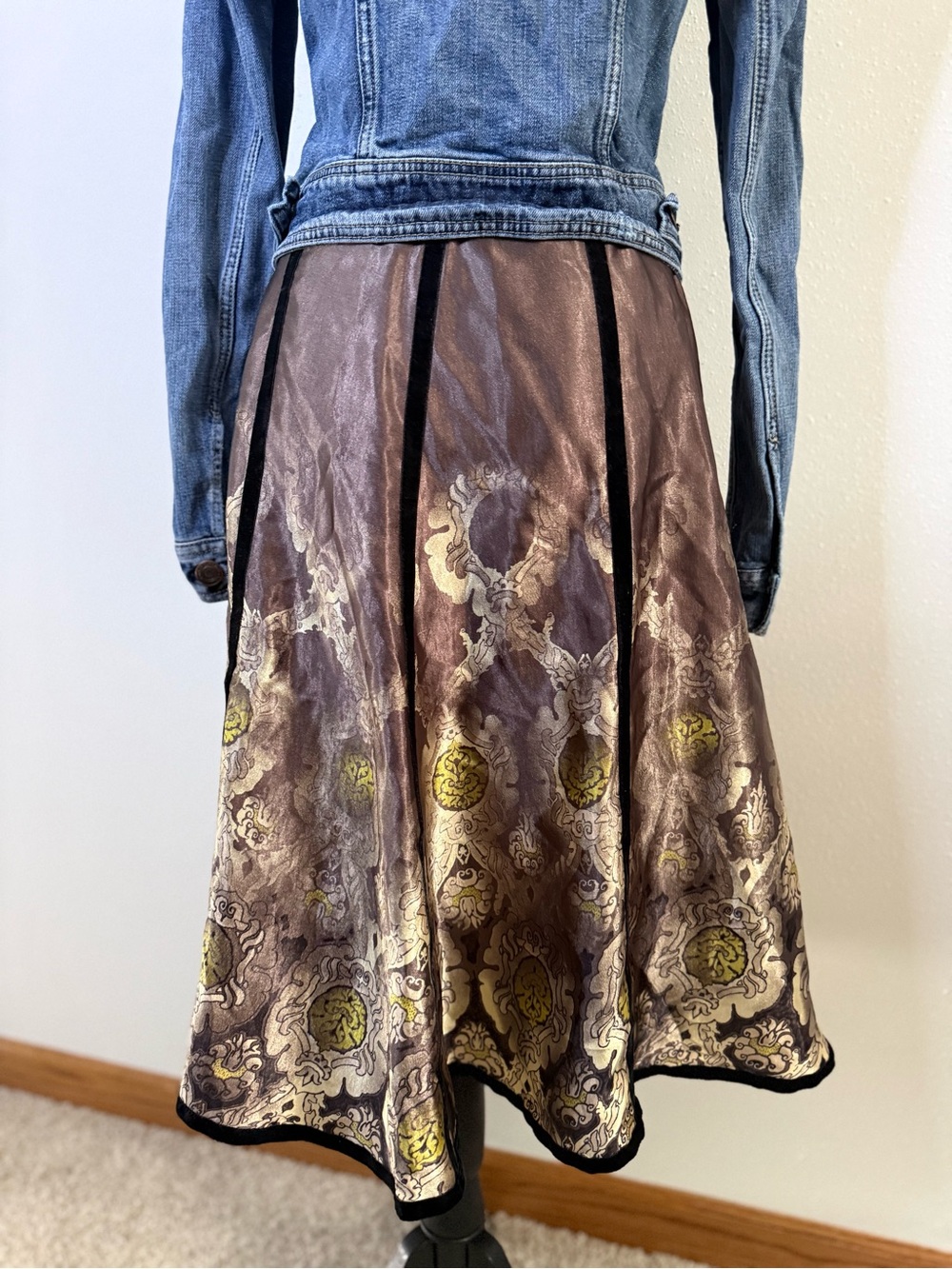 Apostrophe Metallic Brocade Midi Skirt Bronze Gold Velvet Size 2 - Picture 5 of 12